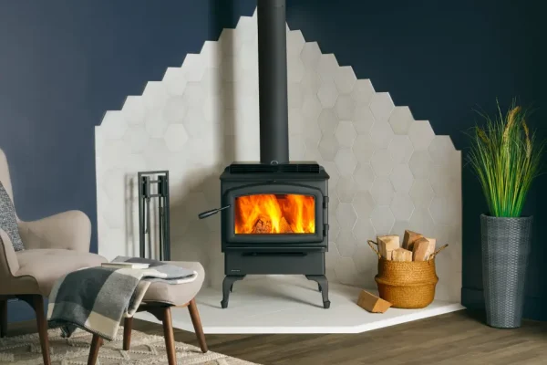 Burning seasoned hardwood in a wood stove for better efficiency.